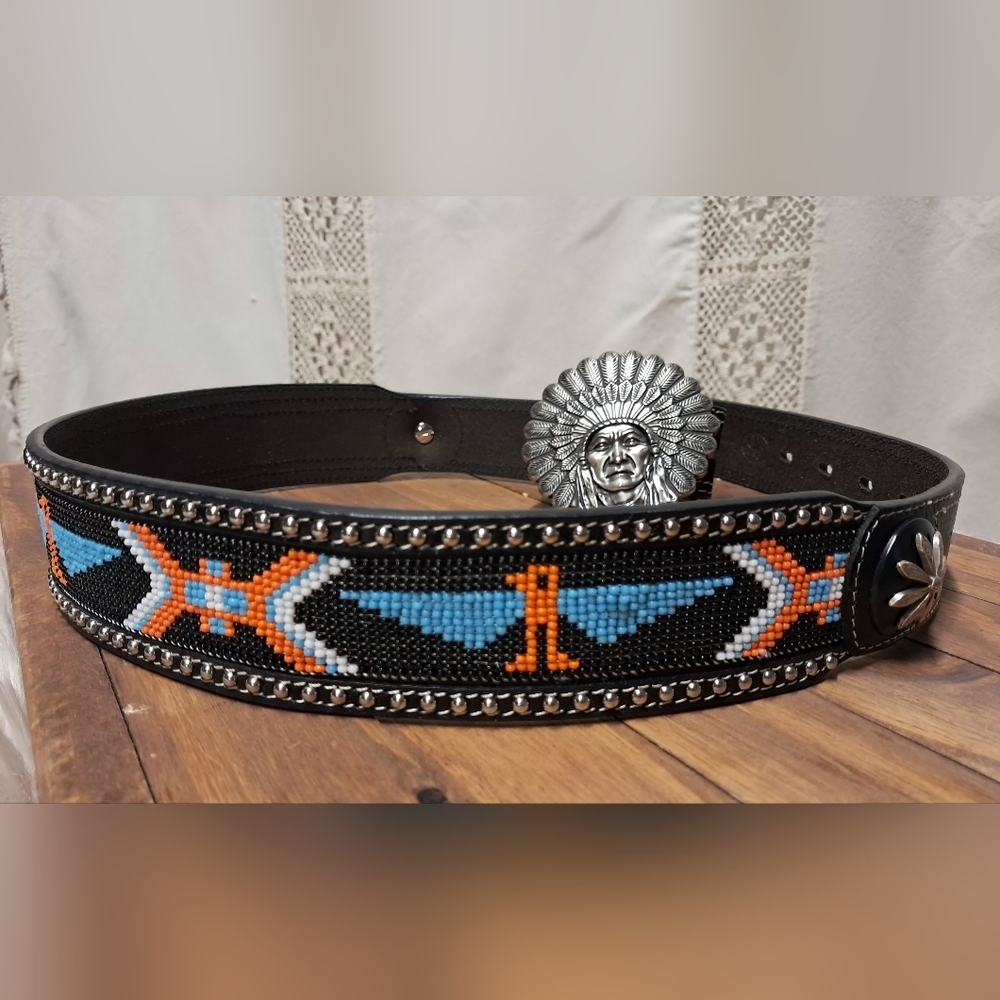 Beaded Leather Belt With Buckle 33" - Picture 2 of 6